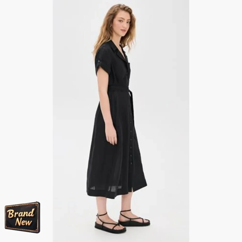 Linen Midi Shirt Dress with Button Front and Tie Waist